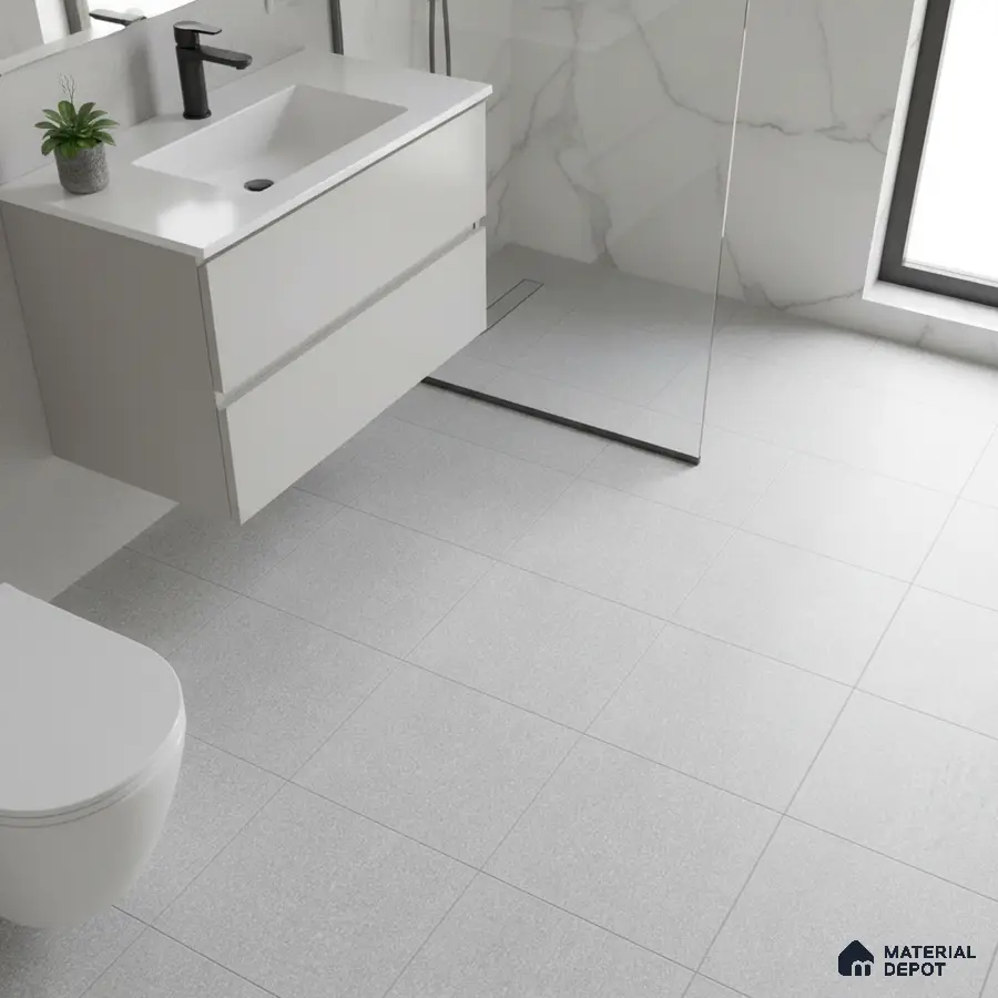 Minimalist bathroom with matte white vanity, marble wall tiles, and light grey floor tiles