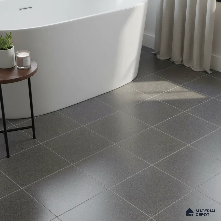 Minimalist bathroom with matte charcoal grey floor tiles and freestanding tub