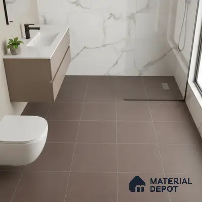 Modern bathroom with marble-look wall tiles, matte brown floor tiles, and taupe floating vanity