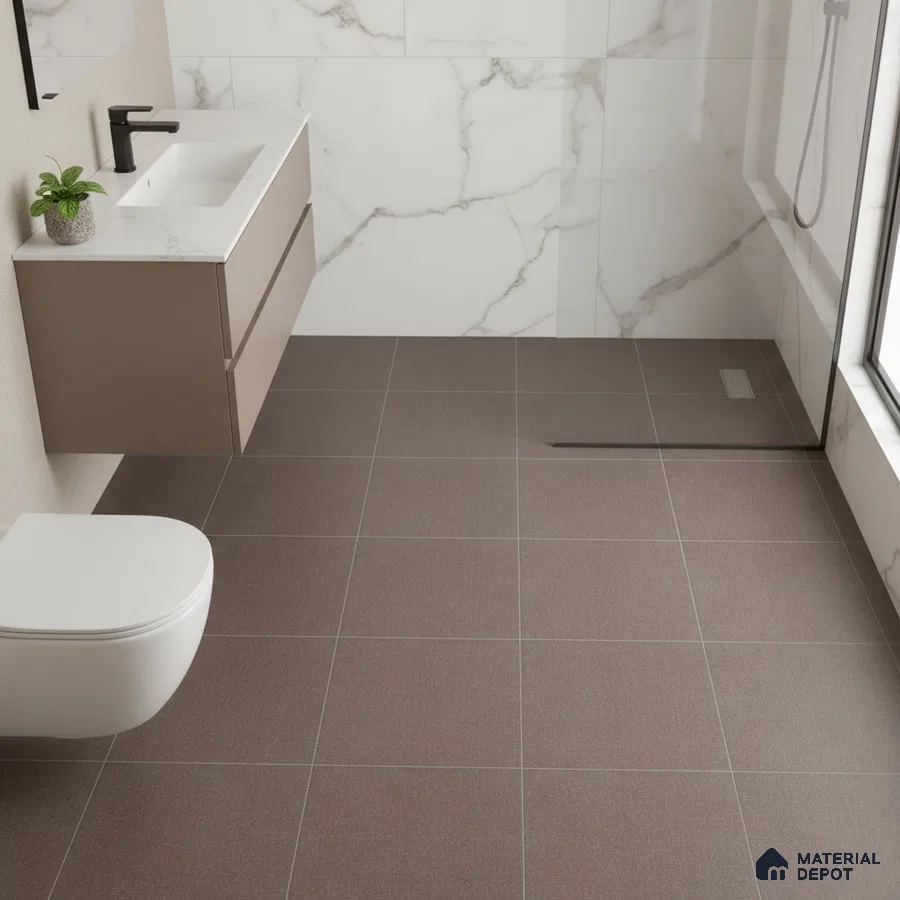Modern bathroom with marble-look wall tiles, matte brown floor tiles, and taupe floating vanity