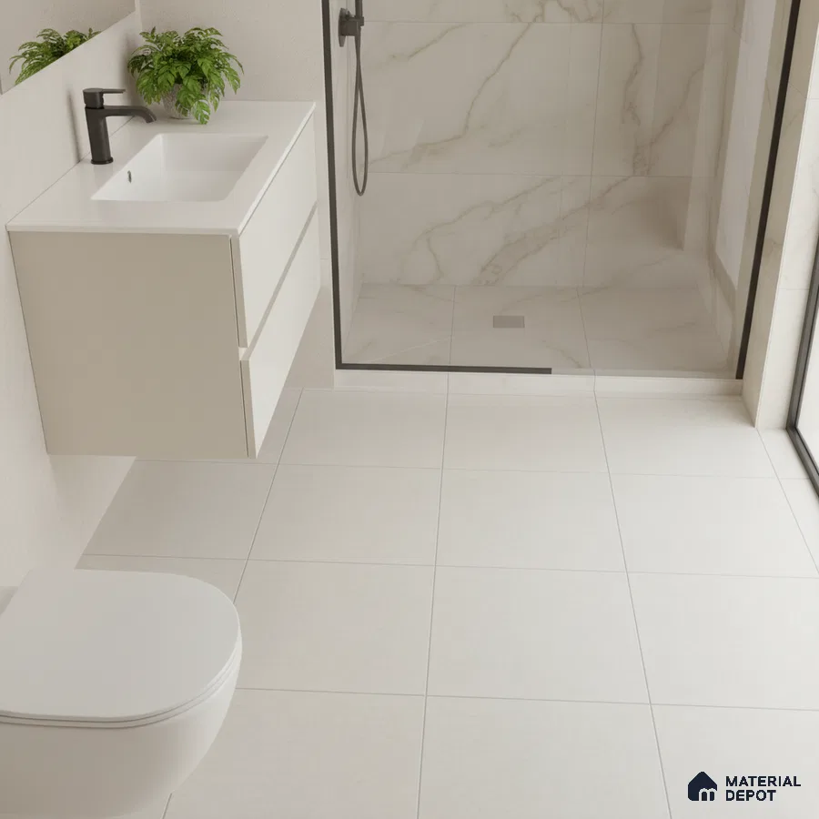 Minimalist bathroom with white matte floor tiles and marble-look wall tiles in shower