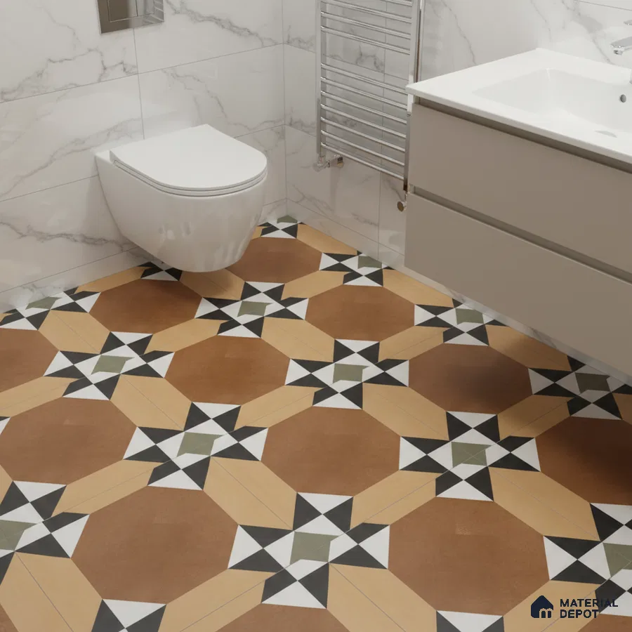 Modern bathroom with marble-look wall tiles and geometric patterned floor tiles