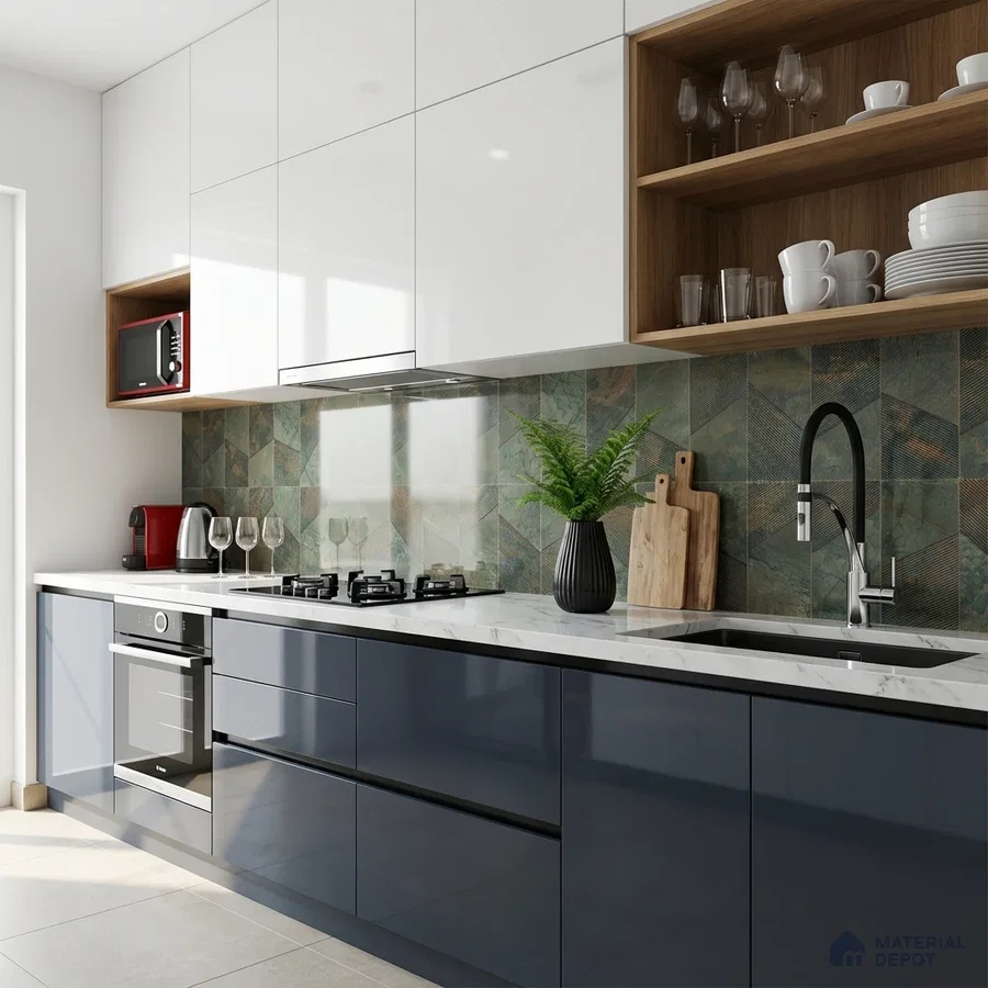 Modern kitchen with white and navy blue high gloss laminate, quartz countertop, and geometric green backsplash tile