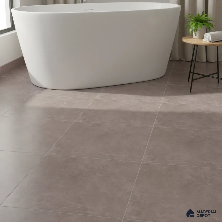 Minimalist bathroom with matte taupe stone-look floor tiles and freestanding tub