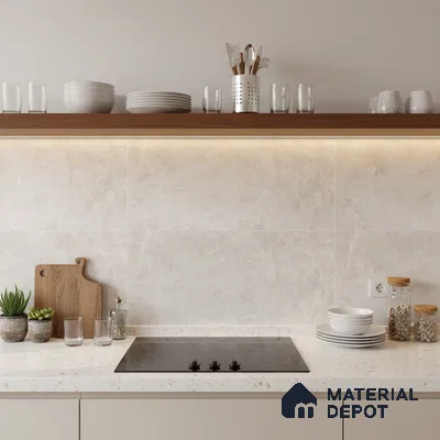 Minimalist kitchen with beige marble-look backsplash tile and terrazzo countertop
