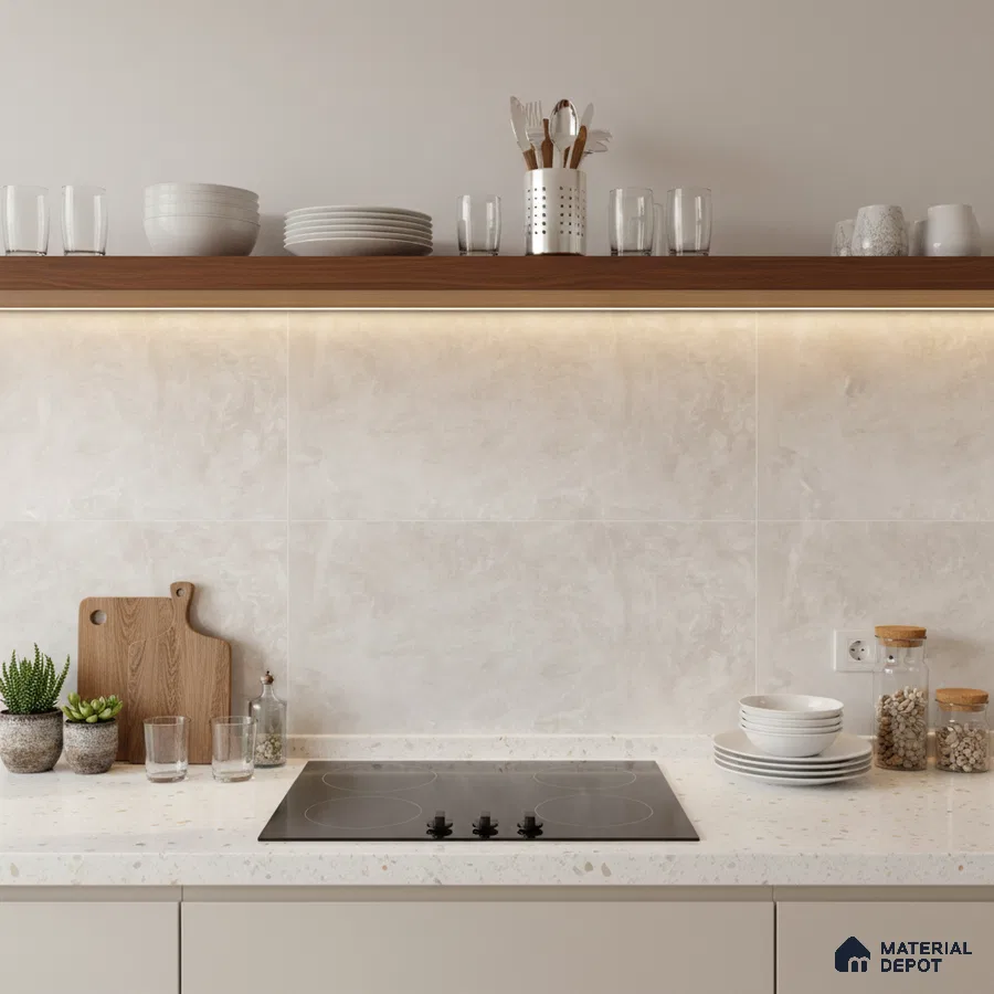 Minimalist kitchen with beige marble-look backsplash tile and terrazzo countertop