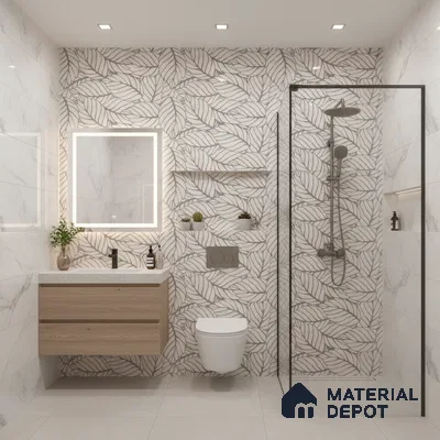 Modern bathroom with leaf-patterned highlighter wall tiles, marble-look wall tiles, and light wood floating vanity