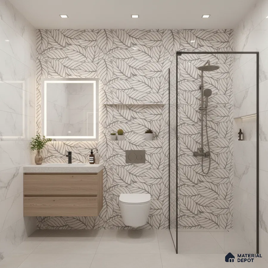 Modern bathroom with leaf-patterned highlighter wall tiles, marble-look wall tiles, and light wood floating vanity