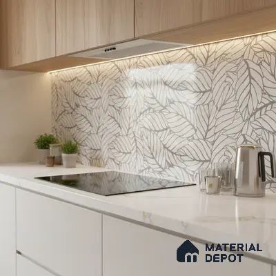 Scandinavian kitchen with leaf-patterned backsplash tile, white marble countertop, and light oak laminate cabinets