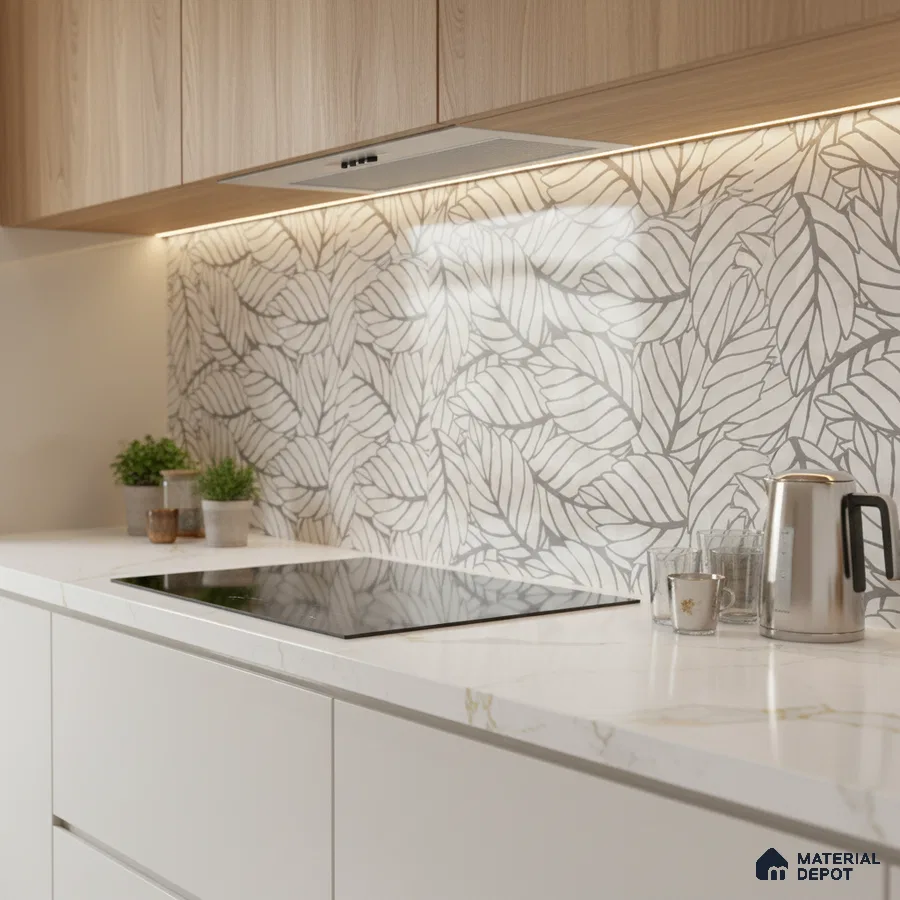Scandinavian kitchen with leaf-patterned backsplash tile, white marble countertop, and light oak laminate cabinets