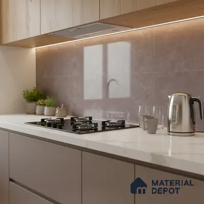 Modern kitchen with taupe matte laminate, marble-look quartz countertop, and mauve stone backsplash tile