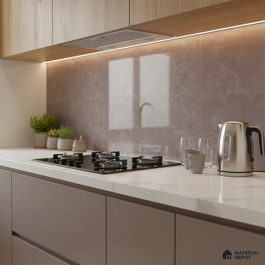 Modern kitchen with taupe matte laminate, marble-look quartz countertop, and mauve stone backsplash tile