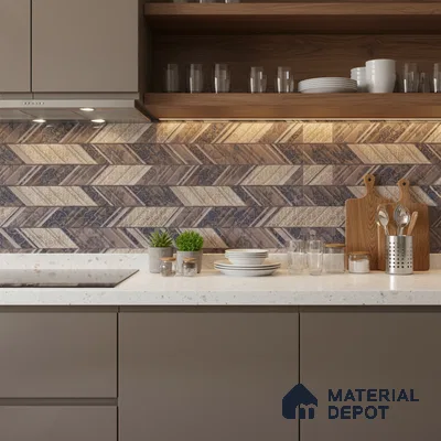 Modern kitchen with taupe laminate cabinets, terrazzo countertop, and chevron patterned decorative backsplash tiles
