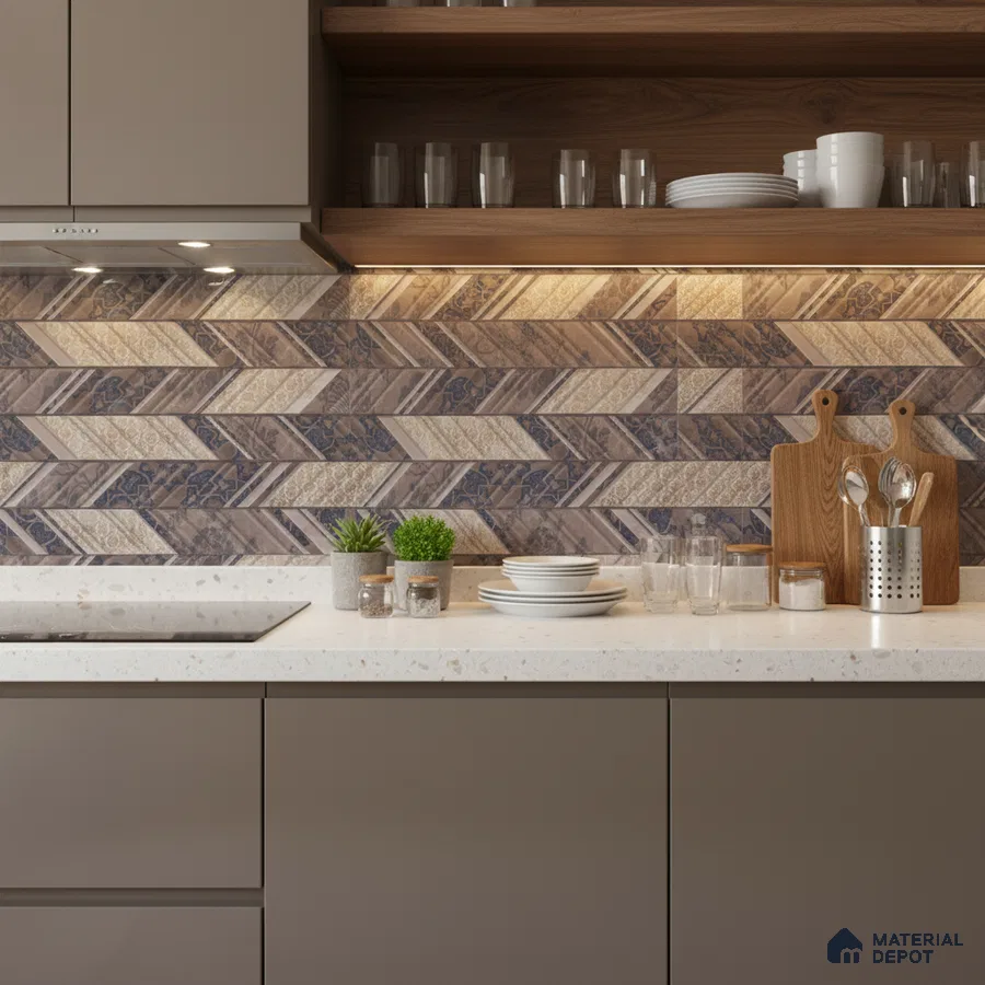 Modern kitchen with taupe laminate cabinets, terrazzo countertop, and chevron patterned decorative backsplash tiles