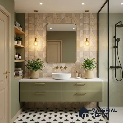 Modern bathroom with sage green laminate vanity, geometric beige wall tiles, and black-and-white patterned floor tiles