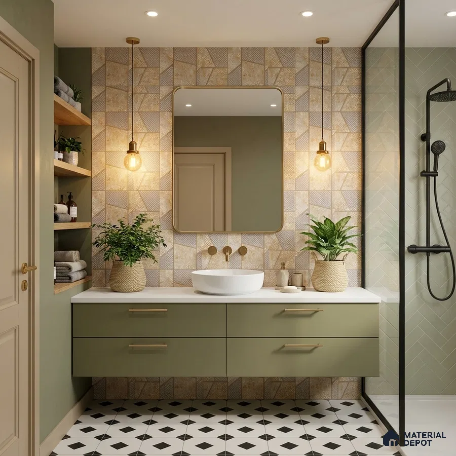 Modern bathroom with sage green laminate vanity, geometric beige wall tiles, and black-and-white patterned floor tiles