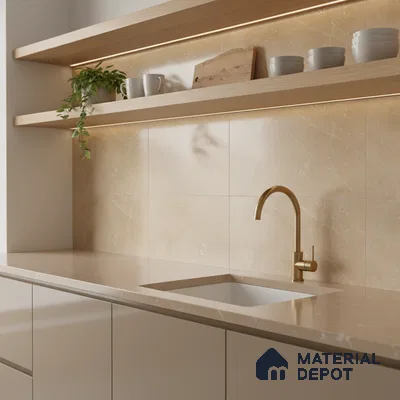 Minimalist kitchen with beige marble-look backsplash tile, matte beige laminate cabinets, and light wood open shelves