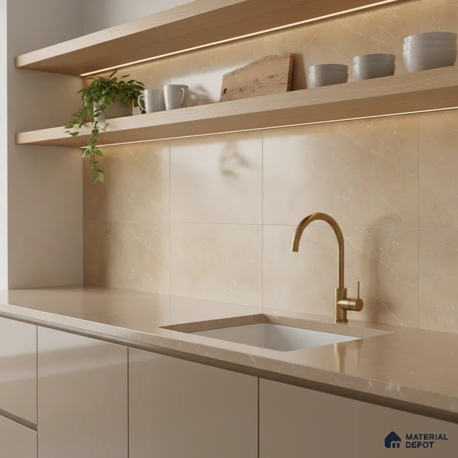 Minimalist kitchen with beige marble-look backsplash tile, matte beige laminate cabinets, and light wood open shelves