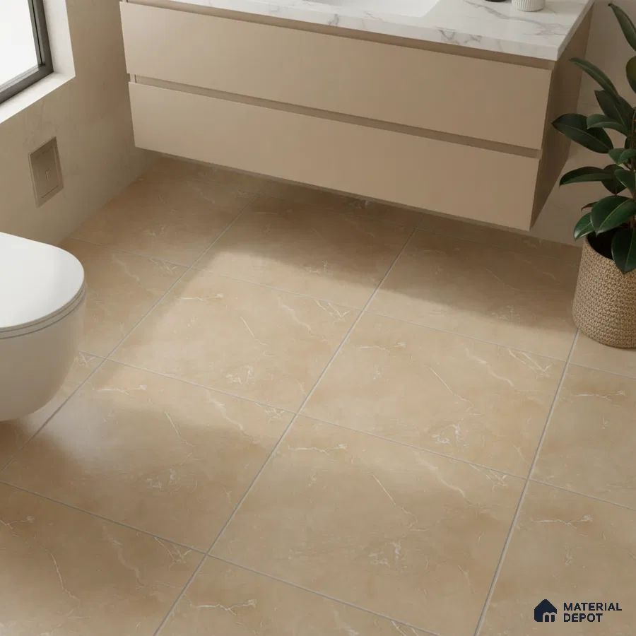 Modern bathroom with beige marble-look floor tiles and floating vanity with marble countertop