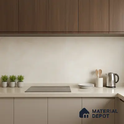 Modern kitchen with walnut brown laminate, beige quartz countertop, and cream marble-look backsplash tile