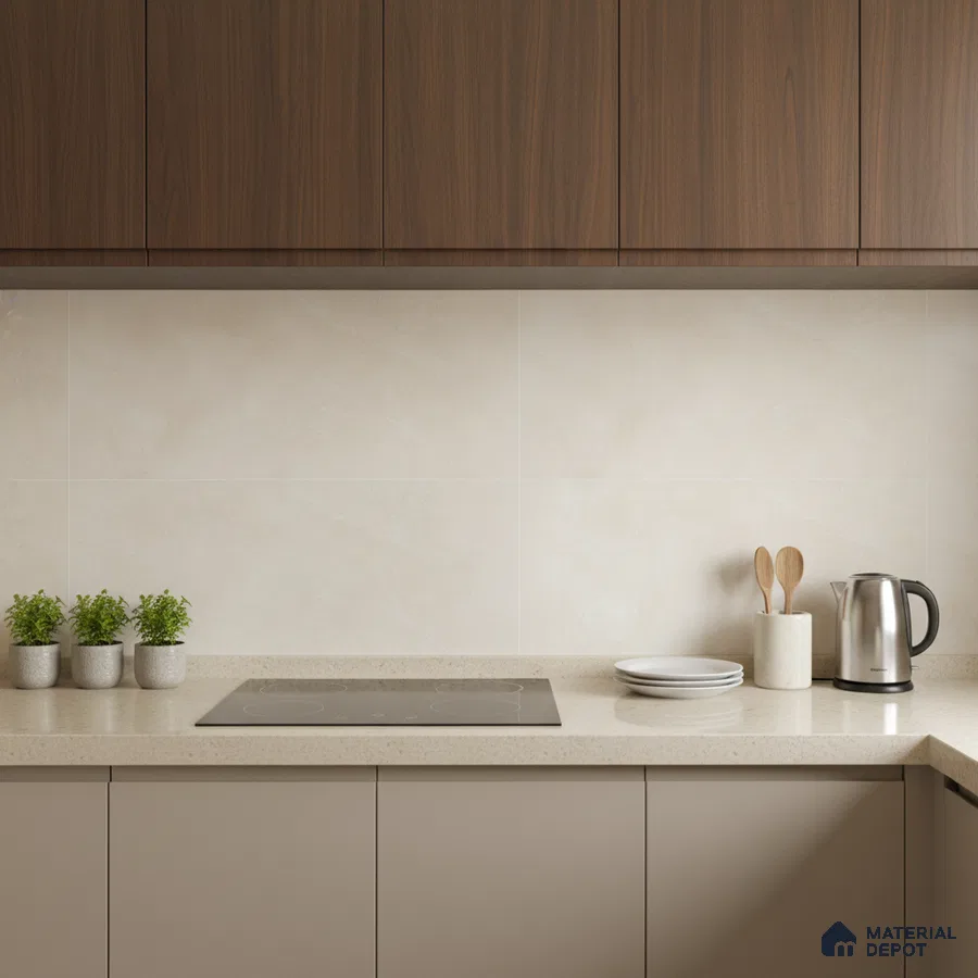 Modern kitchen with walnut brown laminate, beige quartz countertop, and cream marble-look backsplash tile