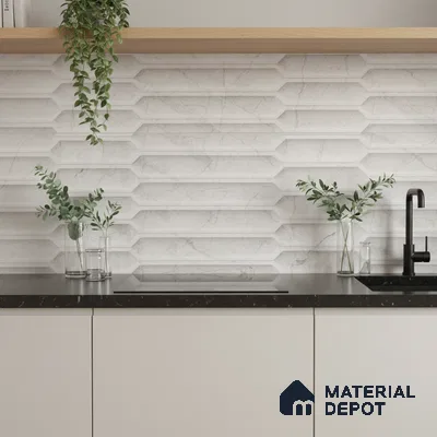 Minimalist kitchen with white marble geometric backsplash tile and black marble countertop