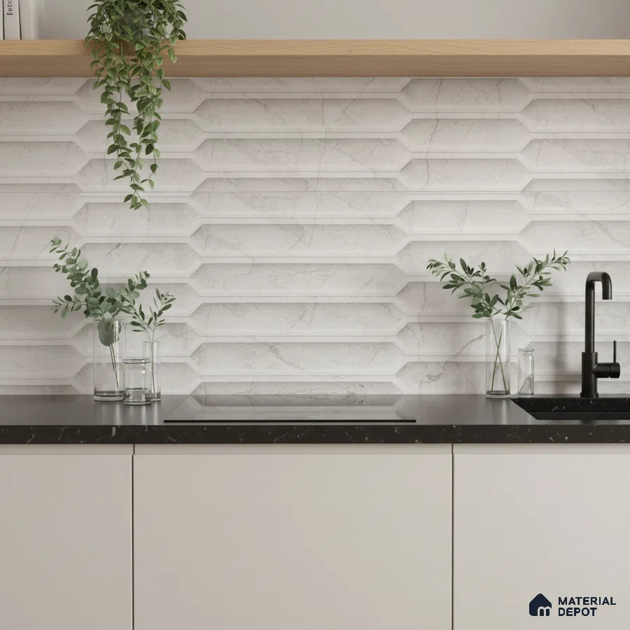 Minimalist kitchen with white marble geometric backsplash tile and black marble countertop