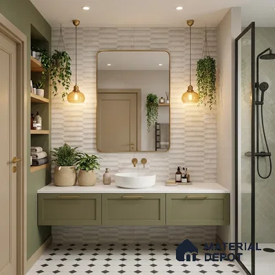 Scandinavian bathroom with sage green vanity, white geometric wall tiles, and black-and-white patterned floor tiles
