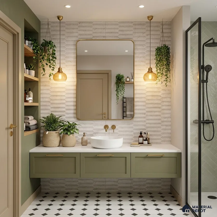 Scandinavian bathroom with sage green vanity, white geometric wall tiles, and black-and-white patterned floor tiles