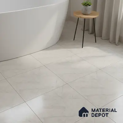 Minimalist bathroom with white marble-look floor tiles and freestanding tub