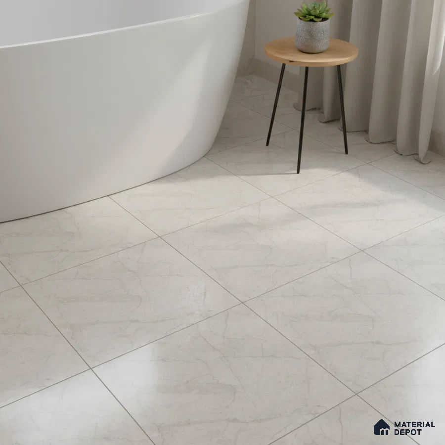 Minimalist bathroom with white marble-look floor tiles and freestanding tub