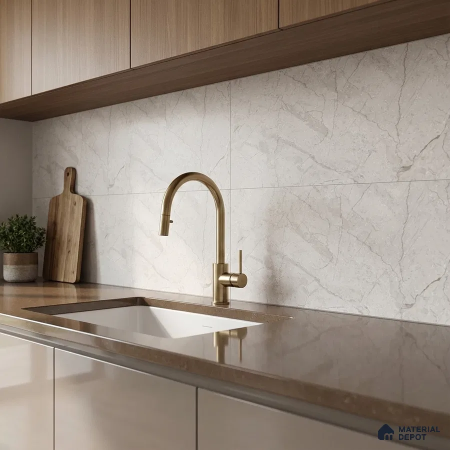 Modern kitchen with taupe quartz countertop, light wood laminate cabinets, and marble-look backsplash tile