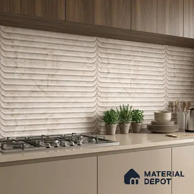 Modern kitchen with beige marble-look fluted backsplash tile and taupe quartz countertop