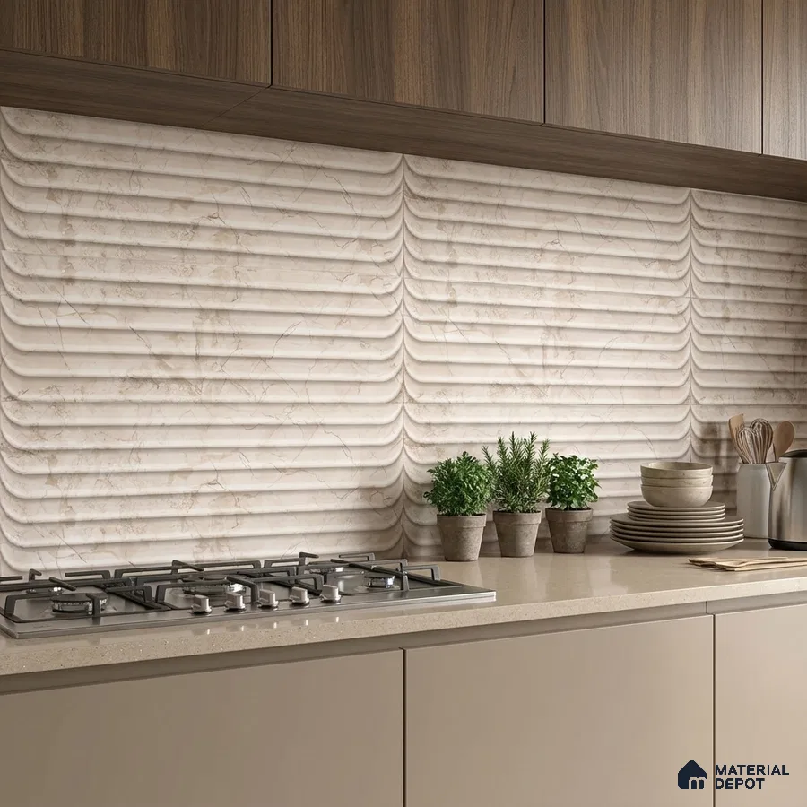 Modern kitchen with beige marble-look fluted backsplash tile and taupe quartz countertop