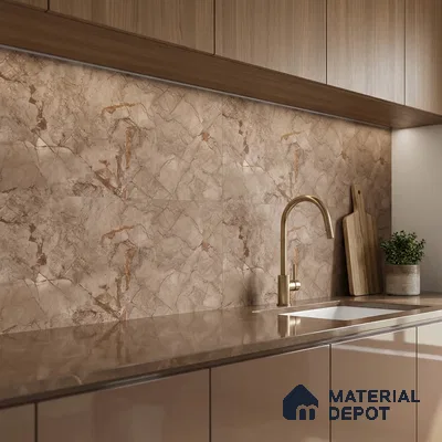 Modern kitchen with beige marble-look backsplash tile, taupe glossy laminate cabinets, and brown marble countertop