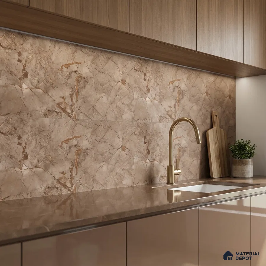 Modern kitchen with beige marble-look backsplash tile, taupe glossy laminate cabinets, and brown marble countertop