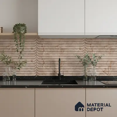Modern kitchen with beige marble fluted backsplash tile and black marble countertop