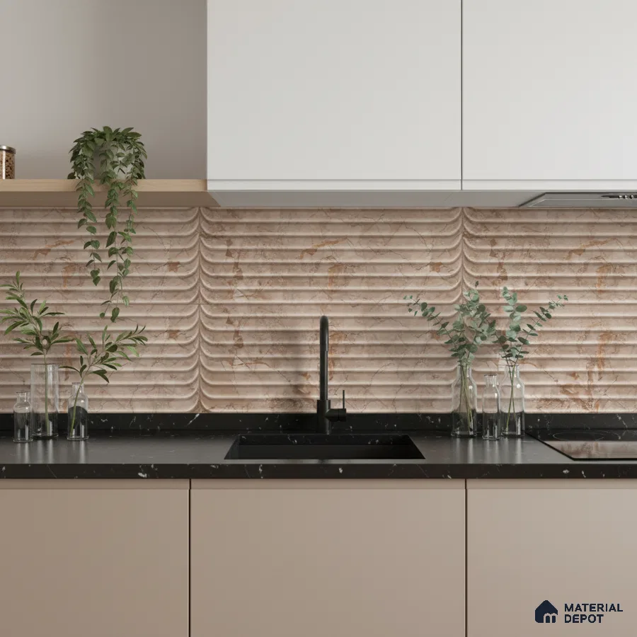 Modern kitchen with beige marble fluted backsplash tile and black marble countertop