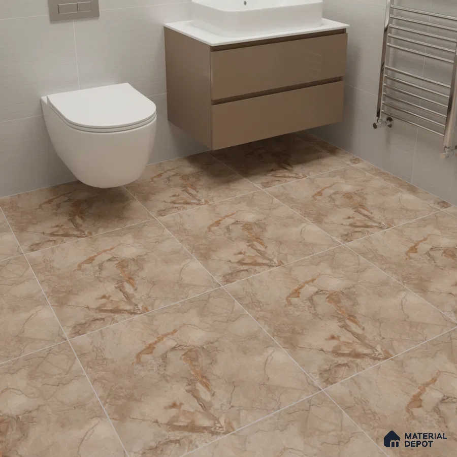 Modern bathroom with beige marble-look floor tiles and taupe floating vanity