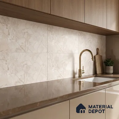Modern kitchen with beige marble-look backsplash tile, taupe quartz countertop, and light oak laminate cabinets
