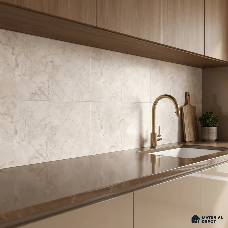 Modern kitchen with beige marble-look backsplash tile, taupe quartz countertop, and light oak laminate cabinets