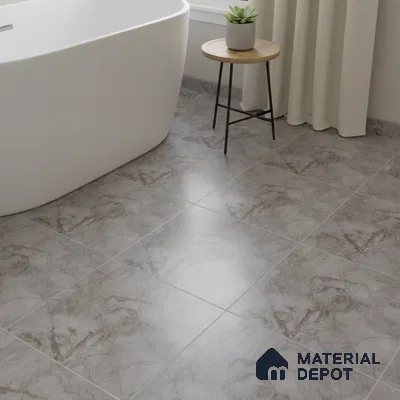 Minimalist bathroom with grey marble floor tiles and freestanding tub