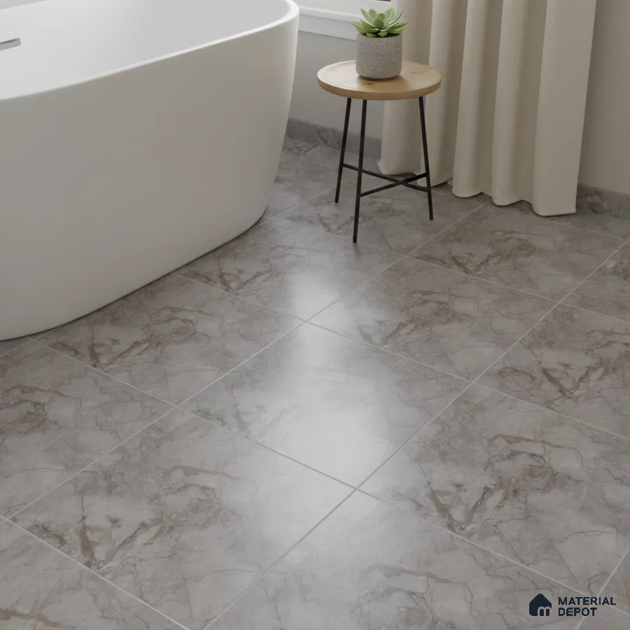 Minimalist bathroom with grey marble floor tiles and freestanding tub
