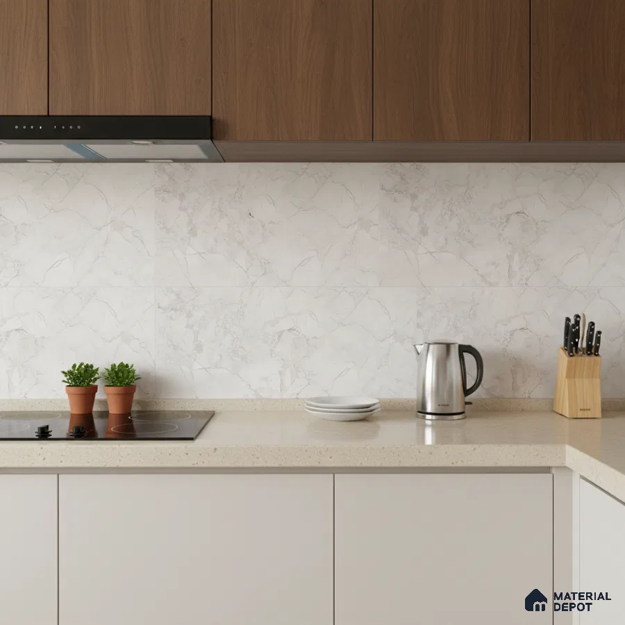 Modern kitchen with walnut laminate cabinets, white marble-look backsplash tile, and beige quartz countertop