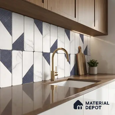Modern kitchen with marble and blue geometric backsplash tiles, brown quartz countertop, and wood laminate cabinets