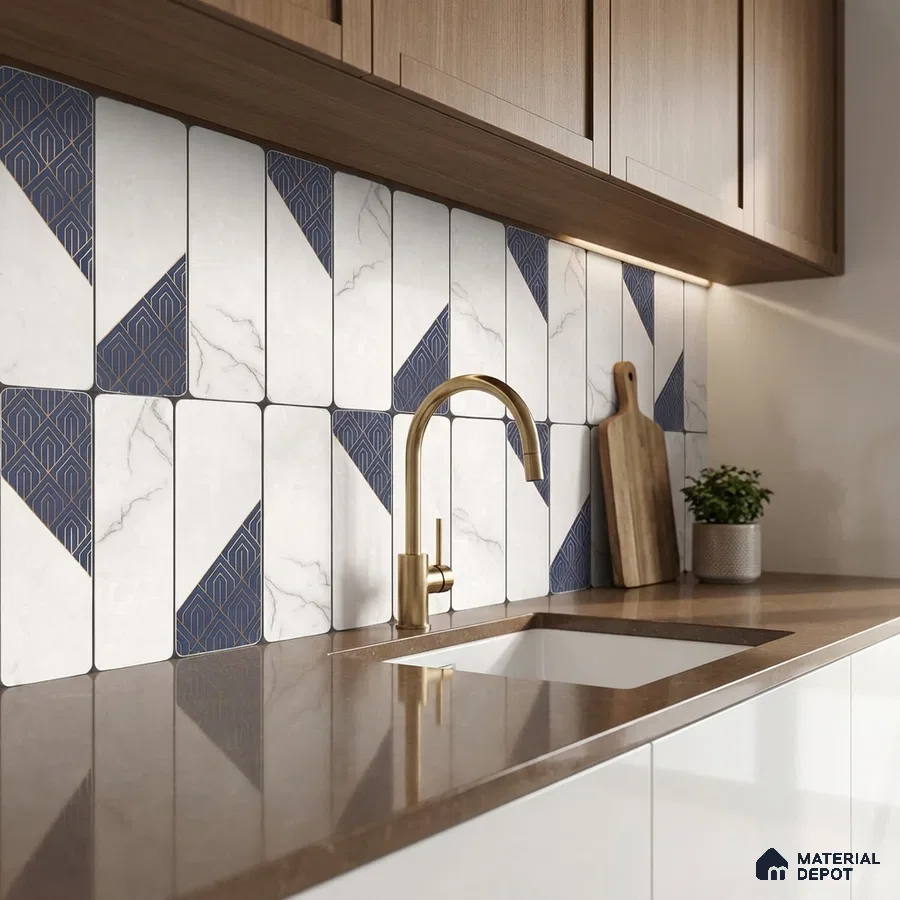 Modern kitchen with marble and blue geometric backsplash tiles, brown quartz countertop, and wood laminate cabinets