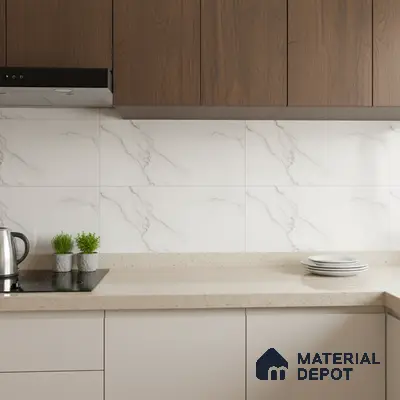 Modern kitchen with walnut wood laminate cabinets, beige quartz countertop, and white marble-look backsplash tiles