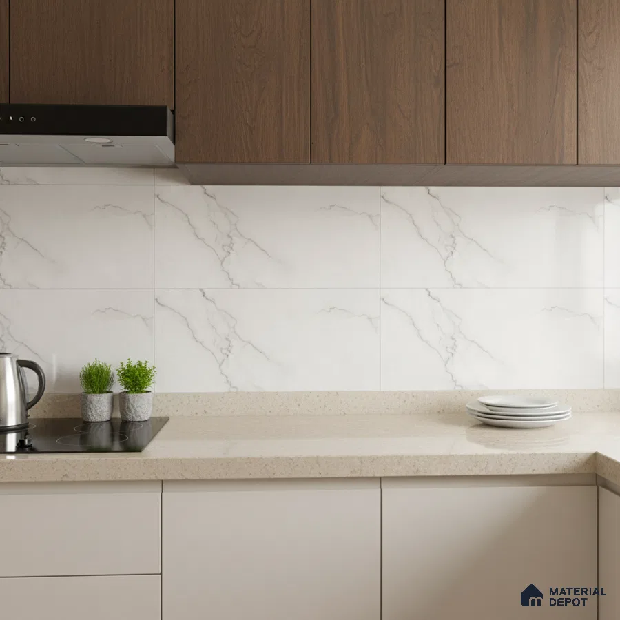 Modern kitchen with walnut wood laminate cabinets, beige quartz countertop, and white marble-look backsplash tiles