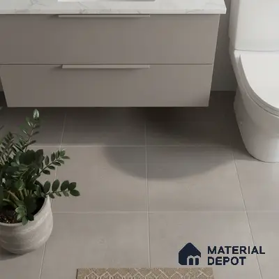 Minimalist bathroom with matte grey floor tiles and white marble-look countertop