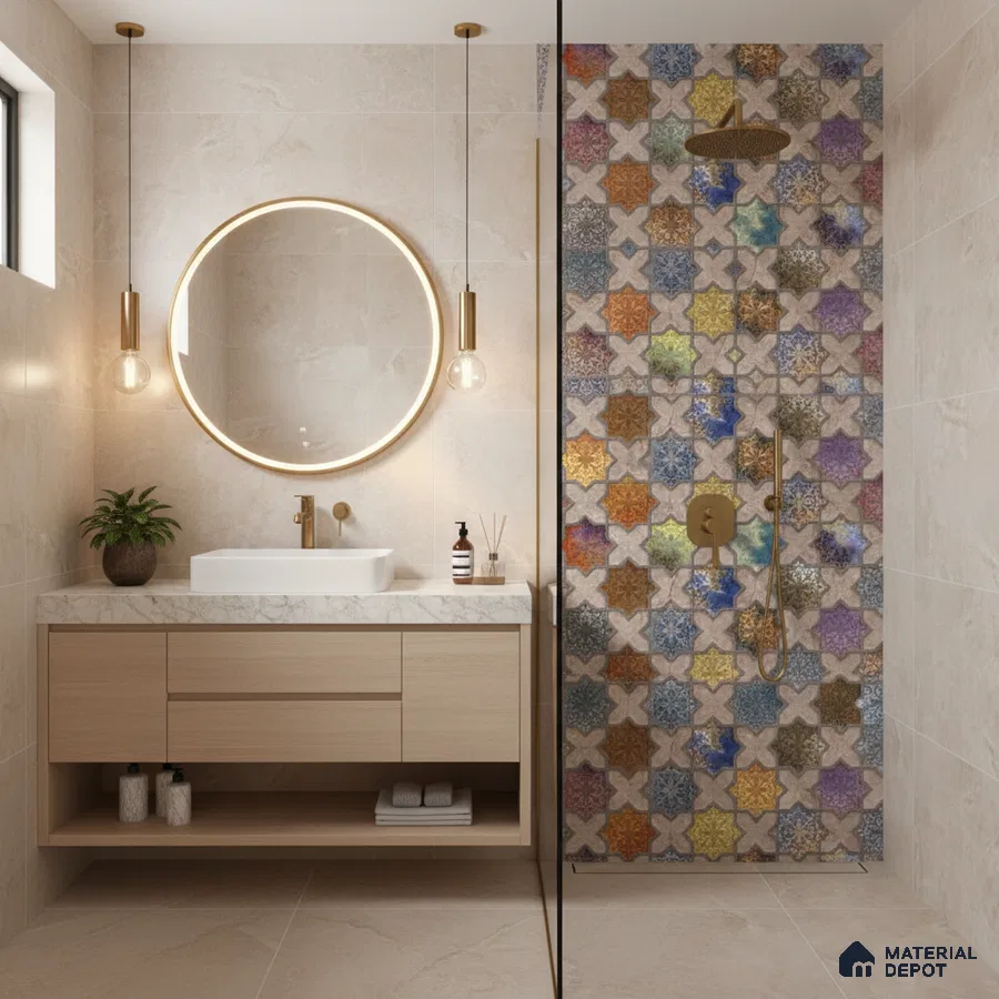Modern bathroom with beige marble tiles, colorful moroccan patterned shower wall tiles, and light wood vanity